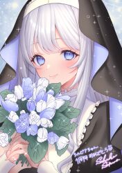 Rule 34 | 1girl, blue eyes, blue flower, bouquet, closed mouth, commentary request, copyright request, flower, grey hair, habit, holding, holding bouquet, long sleeves, looking at viewer, nun, sakura shiho, smile, solo, translation request, upper body, veil, virtual youtuber