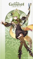 Rule 34 | 1girl, armpits, bow (weapon), brown thighhighs, capelet, closed mouth, collei (genshin impact), commentary, crossed bangs, detached sleeves, english commentary, genshin impact, green capelet, green hair, hair between eyes, hair ornament, high heels, highres, holding, holding bow (weapon), holding weapon, logo, official art, purple eyes, solo, tassel, thighhighs, vision (genshin impact), weapon