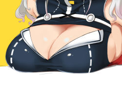 Rule 34 | 1girl, bare shoulders, breast focus, breast rest, breasts, cleavage, cleavage cutout, close-up, clothing cutout, commentary, head out of frame, kaguya luna, kion-kun, large breasts, shiny skin, silver hair, simple background, sleeveless, solo, the moon studio, upper body, virtual youtuber, wavy hair, yellow background
