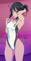 Rule 34 | 1girl, ahoge, aiuti, bed, black hair, breasts, brown eyes, clothes writing, commentary request, competition swimsuit, cowboy shot, hair ribbon, highleg, highleg swimsuit, highres, indoors, kimi no na wa., logo, miyamizu mitsuha, one-piece swimsuit, ponytail, red ribbon, ribbon, short hair, short ponytail, small breasts, solo, standing, swimsuit, thigh gap, white one-piece swimsuit
