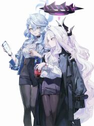 Rule 34 | 2girls, ahoge, ako (blue archive), black choker, black coat, black horns, black pantyhose, black skirt, blue archive, blue eyes, blue hair, blue halo, breasts, buttons, cellphone, choker, closed mouth, coat, coat on shoulders, drink, drinking straw, feet, hair between eyes, halo, highres, hina (blue archive), holding, holding drink, holding phone, horns, large breasts, long hair, multiple girls, multiple horns, open mouth, pantyhose, parted bangs, pencil skirt, phone, purple eyes, quasarcake, shirt, simple background, skirt, small breasts, smartphone, smile, very long hair, white background, white hair, white shirt