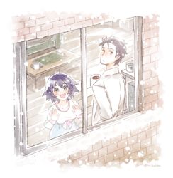 Rule 34 | 1boy, 1girl, black hair, blue eyes, blue hair, blush, brown eyes, closed mouth, collarbone, commentary request, cup, dark blue hair, dress, hand on window, holding, holding cup, indoors, koike (coikekke), lab coat, long sleeves, looking at viewer, looking back, medium hair, okabe rintarou, open mouth, shiina mayuri, smile, snowing, standing, steins;gate, table, upper body, window