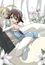 Rule 34 | 1girl, :d, alternate costume, arched back, ass, bare shoulders, brown eyes, brown hair, character pillow, choker, dakimakura (medium), dakimakura (object), elbow gloves, flower, gloves, hairband, jpeg artifacts, leotard, lily (flower), lolita hairband, looking at viewer, lynette bishop, miyafuji yoshika, open mouth, pantyhose, pillow, ribbed leotard, short hair, smile, solo, straddling, strike witches, white gloves, white pantyhose, world witches series, yumekaranigeruna