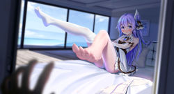 Rule 34 | 1girl, azur lane, bare shoulders, barefoot, blurry, blurry background, blurry foreground, blush, breasts, cleavage, detached sleeves, dressing, feet, hair ornament, highres, indoors, lazy guang guang, long hair, looking at viewer, panties, pov, purple eyes, purple hair, single thighhigh, sitting, small breasts, solo focus, thighhighs, underwear, unicorn (azur lane), white panties, white thighhighs, window