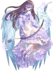 Rule 34 | 1girl, angel wings, blindfold, bow (weapon), brown hair, chain paradox, dress, feathered wings, full body, high heels, long sleeves, purple dress, solo, togenatsu, weapon, wings