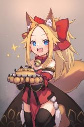 Rule 34 | 1girl, abigail williams (fate), animal ear fluff, animal hands, black bow, blonde hair, blue eyes, blush, bow, breasts, cosplay, fate/extra, fate/grand order, fate (series), food, forehead, hair bow, highres, long hair, looking at viewer, miya (miyaruta), multiple bows, neck bell, orange bow, parted bangs, pelvic curtain, plate, sidelocks, small breasts, tamamo (fate), tamamo cat (fate), tamamo cat (fate) (cosplay), tamamo cat (first ascension) (fate)