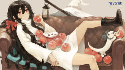 Rule 34 | 1girl, absurdres, black footwear, black hair, blush, bow, couch, creature, dress, expressionless, food, foot out of frame, fruit, gregor (tsurunoka), grey background, hair between eyes, hair bow, hat, highres, holding, holding food, holding fruit, lead white (tsurunoka), long hair, long sleeves, original, pink eyes, red bow, shadow, shoes, solo, tsumetai (tsurunoka), very long hair, white dress, white hat, witch hat