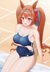 Rule 34 | 1girl, :d, absurdres, animal ears, arm under breasts, bare arms, bare shoulders, blue one-piece swimsuit, blush, bow, breasts, brown hair, cleavage, collarbone, competition swimsuit, covered navel, daiwa scarlet (umamusume), erang yuu, hair bow, hair intakes, hair ornament, highres, horse ears, horse girl, large breasts, long hair, looking at viewer, one-piece swimsuit, open mouth, poolside, red bow, red eyes, sitting, smile, solo, swimsuit, thighs, tiara, twintails, umamusume