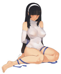 Rule 34 | 1girl, absurdres, bare legs, barefoot, black hair, blue ribbon, blunt bangs, breasts, brown eyes, collarbone, covered erect nipples, elbow gloves, full body, girls&#039; frontline, gloves, hairband, highres, large breasts, long hair, navel, parted lips, ribbon, sidelocks, simple background, solo, sungwon, turtleneck, type 95 (girls&#039; frontline), white background, white gloves