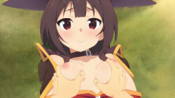 Rule 34 | 1boy, 1girl, :i, black choker, blunt bangs, blush, breasts, brown cape, brown hair, cape, choker, closed mouth, clothes pull, collarbone, commentary request, day, dress pull, grabbing, grabbing another&#039;s breast, grass, hetero, highres, kono subarashii sekai ni shukufuku wo!, looking at viewer, lying, megumin, nipples, on back, on grass, outdoors, paid reward available, pout, pov, pov hands, red eyes, short hair with long locks, shy, small breasts, toraya (doujintraya), tsurime, upper body, wavy mouth