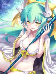 Rule 34 | 1girl, alternate color, artist name, between breasts, bikini, blush, bow, breasts, cameltoe, cleavage, coat, collarbone, eyebrows, fate/grand order, fate (series), frilled bikini, frills, from above, green hair, hair between eyes, hair bow, hand on own cheek, hand on own face, horns, kiyohime (fate), kiyohime (fate/grand order), kiyohime (swimsuit lancer) (fate), kiyohime (swimsuit lancer) (first ascension) (fate), kousaki rui, long hair, looking at viewer, looking up, medium breasts, nail polish, navel, pink nails, polearm, ponytail, signature, sitting, smile, solo, stomach, swimsuit, weapon, yellow bikini, yellow bow, yellow eyes