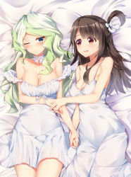 Rule 34 | 2girls, alternate costume, asymmetrical bangs, bare shoulders, blonde hair, blue eyes, blush, breasts, brown hair, cleavage, cowboy shot, diana cavendish, from above, green hair, highres, interlocked fingers, kagari atsuko, large breasts, little witch academia, long hair, looking at viewer, lying, medium breasts, multicolored hair, multiple girls, on back, one eye closed, open mouth, red eyes, smile, strap slip, two-tone hair, yuri, yuxian youka