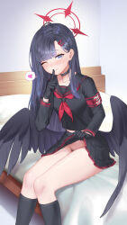 Rule 34 | 1girl, aesice, armband, bed, black choker, black gloves, black hair, black sailor collar, black serafuku, black skirt, black socks, black wings, blue archive, blush, choker, closed mouth, clothes lift, commentary request, feet out of frame, female pubic hair, gloves, grey eyes, hair ornament, hairclip, halo, highres, ichika (blue archive), lifting own clothes, long hair, long sleeves, looking at viewer, low wings, navel, neckerchief, no panties, one eye closed, pillow, pleated skirt, pubic hair, red armband, red halo, red neckerchief, safety pin, sailor collar, school uniform, serafuku, sitting, skirt, skirt lift, smile, socks, solo, wings