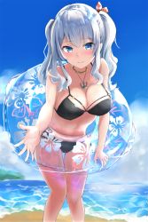 Rule 34 | 1girl, alternate costume, anchor necklace, aono minamo, bad id, bad pixiv id, bare shoulders, beach, bikini, black bikini, blue eyes, breasts, cleavage, commentary, feet out of frame, grey hair, hair ornament, highres, innertube, jewelry, kantai collection, kashima (kancolle), large breasts, looking at viewer, necklace, smile, solo, swim ring, swimsuit, twintails, wavy hair