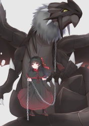 Rule 34 | 1girl, absurdres, animal, black capelet, black dress, black footwear, black hair, blush, boots, bow, brown eyes, capelet, chain, commentary request, dragon, dress, frilled capelet, frills, gradient dress, grey background, hair bow, hashiko nowoto, high heel boots, high heels, highres, holding, lace, lace-trimmed dress, lace trim, long hair, looking at viewer, original, red bow, red dress, red eyes, simple background, solo, standing