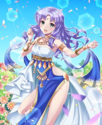 Rule 34 | 1girl, :d, alternate costume, bare hips, bare legs, blue sky, blurry, blurry background, blush, breasts, circlet, cleavage, dancer, dancer (fire emblem: three houses), dancing, day, fire emblem, fire emblem: the blazing blade, fire emblem: three houses, floating hair, florina (fire emblem), green eyes, highres, kakiko210, lens flare, long hair, nintendo, open mouth, outdoors, petals, purple hair, sky, small breasts, smile, solo, standing, standing on one leg, sunlight