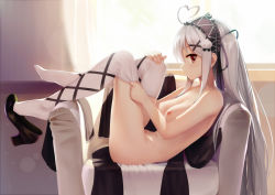 Rule 34 | 1girl, absurdres, ahoge, armchair, bad id, bad pixiv id, black bow, black footwear, black ribbon, bow, breasts, chair, closed eyes, closed mouth, collarbone, commentary request, curtains, day, dress, eyelashes, fingernails, hair between eyes, hair ornament, hairband, hand on own knee, heart, heart ahoge, high heels, highres, indoors, knees up, lens flare, lolita hairband, long hair, looking at viewer, lying, medium breasts, nail polish, niliu chahui, nipples, nude, on back, original, pink nails, pulling own clothes, red eyes, ribbon, shoe dangle, shoes, sidelocks, silver hair, single shoe, solo, thighhighs, thighhighs pull, tokisaki mio (niliu chahui), two side up, unworn dress, very long hair, white thighhighs, window, x hair ornament