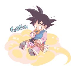 Rule 34 | 10s, 1boy, biting, black eyes, black hair, blush, blush stickers, character name, child, chinese clothes, dessert, doughnut, dragon ball, dragon ball super, dragonball z, eating, floating, flying nimbus, food, full body, happy, long sleeves, looking down, male focus, puffy cheeks, short hair, simple background, sitting, smile, solo, son goten, spiked hair, star (symbol), white background, yosi (yosi ton)