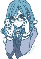 Rule 34 | 1girl, adjusting eyewear, astasso, blue eyes, blue hair, blue theme, fairy tail, female focus, flat color, glasses, juvia lockser, matching hair/eyes, partially colored, ribbon, school uniform, short hair, solo, twintails, white background