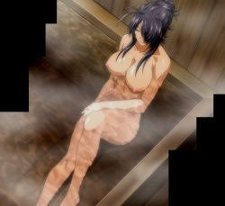 Rule 34 | bath, breasts, closed eyes, full body, hair over one eye, ikkitousen, kan&#039;u unchou, large breasts, long hair, nipples, nude, ponytail, purple hair, stitched, third-party edit