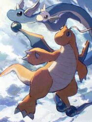 Rule 34 | arc draws, black eyes, blue sky, bright pupils, claws, closed mouth, cloud, cloudy sky, creatures (company), day, dragon, dragonair, dragonite, dratini, evolutionary line, flying, game freak, gen 1 pokemon, highres, horns, nintendo, no humans, orange horns, orange tail, outdoors, pokemon, pokemon (creature), single horn, sky, smile, twitter username, white horns, white pupils