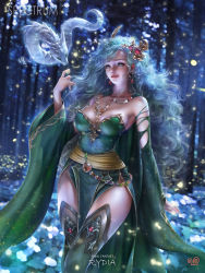 Rule 34 | 1girl, aged up, bare shoulders, boots, breasts, cape, character name, cleavage, commentary, copyright name, curly hair, detached sleeves, dragon, dress, earrings, english commentary, final fantasy, final fantasy iv, forest, green cape, green dress, green eyes, green footwear, green hair, green sleeves, hair ornament, highres, jewelry, long hair, medium breasts, mini dragon, nature, paid reward available, rydia (ff4), side slit, sleeveless, sleeveless dress, solo, spoilers, strapless, strapless dress, thigh boots, thighhighs, wide sleeves, yam spectrum