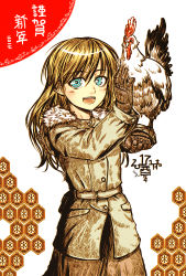 Rule 34 | 1girl, 2017, animal, bird, blonde hair, blue eyes, blush, chicken, chinese zodiac, coat, hair between eyes, happy new year, highres, holding, holding animal, kotoba noriaki, long hair, looking at viewer, nengajou, new year, open mouth, original, smile, solo, teeth, upper body, white background, year of the rooster