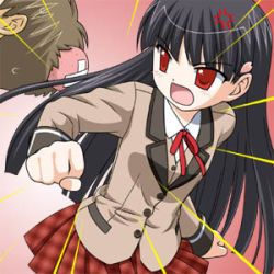 Rule 34 | 1girl, anger vein, angry, ayukawa sanae, black hair, blazer, clenched hand, clenched hands, jacket, kani biimu, long hair, lowres, open mouth, plaid, plaid skirt, punching, red eyes, school uniform, skirt, solo, touji no sato