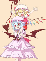 Rule 34 | 2girls, bat wings, blue hair, brooch, carrying, closed eyes, dress, facing away, fang, flandre scarlet, frilled legwear, frills, hat, hat ribbon, highres, jewelry, jpeg artifacts, laevatein, layered dress, mary janes, mob cap, multiple girls, oninamako, open mouth, outstretched arms, pink background, puffy short sleeves, puffy sleeves, red eyes, remilia scarlet, ribbon, shoes, short hair, short sleeves, shoulder carry, siblings, simple background, sisters, skirt, skirt set, spread arms, touhou, tube socks, white legwear, wings