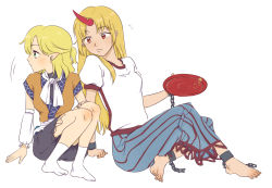 Rule 34 | 2girls, alcohol, barefoot, black shirt, black skirt, blonde hair, blue skirt, braid, breasts, brown jacket, chain, closed mouth, cuffs, cup, detached sleeves, fingernails, french braid, holding, horns, hoshiguma yuugi, jacket, long hair, long skirt, looking to the side, mizuhashi parsee, multiple girls, no shoes, oni, pointy ears, puffy short sleeves, puffy sleeves, red eyes, sakazuki, sake, sash, scarf, shackles, shirt, short hair, short sleeves, sibata maru, simple background, single horn, sitting, skirt, small breasts, socks, striped clothes, striped skirt, toenails, touhou, white background, white legwear, white sash, white scarf, white shirt, white sleeves
