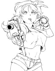 Rule 34 | 1girl, aiming, aiming at viewer, bare shoulders, breasts, cleavage, crop top, curly hair, dark persona, dragon ball, explosive, gloves, grenade, greyscale, gun, holding, holding gun, holding weapon, large breasts, long hair, lunch (bad) (dragon ball), lunch (dragon ball), mac-10/11, machine pistol, midriff, monochrome, mouth hold, navel, short shorts, shorts, solo, submachine gun, tsukudani (coke-buta), uzi, weapon
