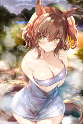 Rule 34 | 1girl, absurdres, animal ears, arm under breasts, aston machan (umamusume), bare shoulders, breasts, brown hair, cleavage, commentary request, cowboy shot, highres, horse ears, large breasts, looking at viewer, naked towel, short hair, side ponytail, solo, standing, tail, towel, umamusume, uu-tan (hushigi10), yellow eyes