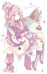 Rule 34 | 1girl, :o, animal, bad id, bad pixiv id, boots, box, brown footwear, christmas lights, commentary, dotted line, dress, full body, fur-trimmed boots, fur trim, gift, gift box, hair between eyes, hand up, highres, holding, holding sack, long hair, looking at viewer, original, parted lips, pink dress, pink hair, purple eyes, reindeer, sack, shoe soles, simple background, snowman hair ornament, solo, symbol-only commentary, thick eyebrows, tsukiyo (skymint), very long hair, white background