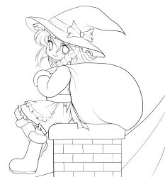 Rule 34 | 1girl, :q, absurdres, boots, braid, chimney, female focus, full body, greyscale, hat, highres, kirisame marisa, lineart, md5 mismatch, monochrome, monochrome, sack, solo, tongue, tongue out, touhou, transparent background, witch hat, yume shokunin