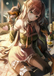 Rule 34 | 1girl, absurdres, animal, bare shoulders, belt, black thighhighs, bottle, breasts, brown hair, brown skirt, closed mouth, cocktail glass, cup, detached sleeves, doberman, dog, drinking glass, frilled skirt, frills, green eyes, green shirt, half updo, hand up, highres, jaduade, long hair, long sleeves, looking at viewer, medium breasts, miniskirt, original, shirt, shirt tucked in, sitting, skirt, smile, solo, thigh strap, thighhighs, very long hair, wing collar