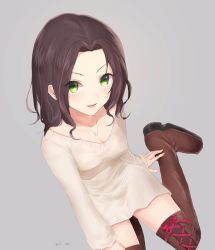 Rule 34 | 1girl, :d, arm support, arms at sides, bad id, bad twitter id, beige sweater, bird, black hair, blush, boots, breasts, brown footwear, cleavage, commentary request, dove, forehead, green eyes, grey background, grin, idolmaster, idolmaster cinderella girls, idolmaster cinderella girls starlight stage, jewelry, long hair, long sleeves, looking at viewer, mizu ramen, naked sweater, necklace, open mouth, parted bangs, pink ribbon, ribbon, ribbon-trimmed footwear, signature, simple background, sitting, sleeves past wrists, small breasts, smile, solo, soma natsumi, sweater, thighhighs
