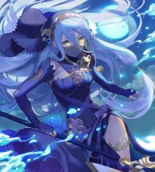 Rule 34 | 1girl, aisutabetao, axe, azura (fire emblem), bad id, bad twitter id, black dress, blue hair, bow, cloud, dress, fingerless gloves, fire emblem, fire emblem fates, fire emblem heroes, gloves, hair between eyes, highres, holding, holding axe, jewelry, long hair, necklace, nintendo, parted lips, sky, solo, veil, yellow eyes