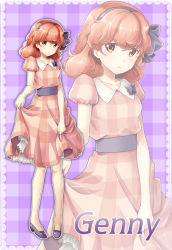 Rule 34 | 1girl, alternate costume, breasts, character name, checkered background, checkered clothes, checkered dress, contemporary, dress, fire emblem, fire emblem echoes: shadows of valentia, frills, full body, genny (fire emblem), hairband, high heels, highres, looking at viewer, nintendo, orange eyes, pink hair, short hair, skirt hold, small breasts, smile, solo, standing, yuino (fancy party), zoom layer