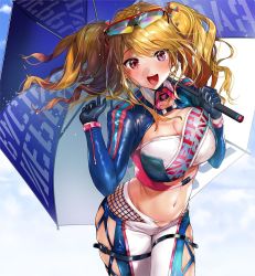 Rule 34 | 1girl, :d, black jacket, blonde hair, blush, breasts, buckle, choker, cleavage, clothes writing, collarbone, cowboy shot, crop top, eyewear on head, gloves, groin, hands up, holding, holding umbrella, jacket, large breasts, light particles, long hair, mole, mole under eye, multicolored pants, navel, open mouth, original, pants, purple eyes, race queen, shrug (clothing), sidelocks, simple background, skindentation, smile, snap-fit buckle, solo, stomach, thigh strap, tinted eyewear, twintails, umbrella, wavy hair, yanyo (ogino atsuki)
