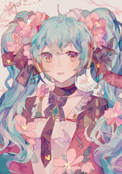 Rule 34 | 1girl, absurdres, black bow, black bowtie, black choker, black necktie, blue hair, bow, bowtie, choker, flower, frills, hair flower, hair ornament, hair ribbon, hatsune miku, highres, lobelia (saclia), long hair, looking at viewer, necktie, parted lips, pink flower, red eyes, red ribbon, ribbon, solo, symbol-only commentary, twintails, upper body, vocaloid