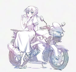 Rule 34 | 1girl, alternate hairstyle, dress, earrings, eyewear in mouth, female focus, full body, highres, iesupa, jewelry, motor vehicle, motorcycle, mouth hold, pale color, rwby, sandals, unworn sandals, scar, scar on face, sidesaddle, solo, vehicle, weiss schnee, white background