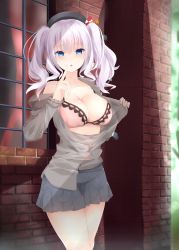 Rule 34 | 10s, 1girl, absurdres, beret, black hat, black skirt, blue eyes, blush, bra, breasts, brick wall, collarbone, cowboy shot, day, finger to mouth, frilled sleeves, frills, grey shirt, hair between eyes, hat, head tilt, highres, kantai collection, kashima (kancolle), lens flare, long hair, long sleeves, looking at viewer, medium breasts, off shoulder, open clothes, open shirt, outdoors, pink bra, pleated skirt, puckered lips, ribbon-trimmed bra, shirt, silver hair, skirt, solo, standing, surota, twintails, underwear, window