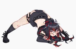 Rule 34 | 1girl, black hair, boots, breasts, commentary, english commentary, fishnets, glasses, green eyes, highres, jack-o&#039; challenge, long hair, looking at viewer, medium breasts, mika melatika, mika melatika (2nd costume), multicolored hair, nijisanji, nijisanji id, panties, pointy ears, red hair, simple background, skirt, solo, streaked hair, tongue, tongue out, underwear, unfamousradish, virtual youtuber, white background