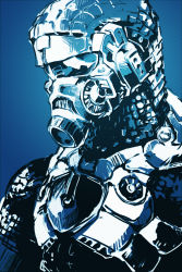 Rule 34 | 1boy, armor, blue theme, deadman3104, gas mask, helmet, male focus, mask, monochrome, polka dot, polka dot background, respirator, sketch, upper body