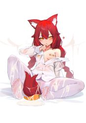 Rule 34 | 1girl, absurdres, animal ear fluff, animal ears, bad id, bad pixiv id, bandaid, bandaid on pussy, bandaids on nipples, blush, braid, breasts, carrot, commentary, dress shirt, eiroyi, feet, full body, hair between eyes, highres, long hair, long sleeves, looking at viewer, nail polish, no shoes, orange eyes, original, pantyhose, parted lips, partially unbuttoned, pasties, red hair, red nails, see-through, shirt, sitting, small breasts, smile, soles, solo, suggestive fluid, symbol-only commentary, tail, toes, twin braids, twintails, white pantyhose, white shirt
