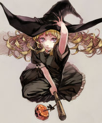 Rule 34 | 1girl, bad id, bad pixiv id, blonde hair, broom, broom riding, curly hair, flying, halloween, hand on headwear, hat, jack-o&#039;-lantern, lips, popompon, pumpkin, purple eyes, riding, solo, witch, witch hat