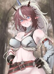 Rule 34 | 1girl, absurdres, arknights, bare shoulders, belt, black belt, black gloves, blue eyes, blush, breasts, brown hair, choker, cleavage, clenched teeth, commentary, detached sleeves, forest, fur-trimmed sleeves, fur trim, gloves, head tilt, highres, horns, jewelry, kirin r yato (arknights), large breasts, long hair, long sleeves, looking at viewer, mildt, monster hunter (series), nature, navel, out-of-frame censoring, outdoors, pendant, pointy ears, single sleeve, solo, stomach, teeth, upper body, white choker, yato (arknights)
