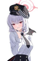 Rule 34 | 1girl, absurdres, alternate hairstyle, black hat, black necktie, black skirt, black wings, blue archive, blush, braid, breasts, center frills, collared shirt, demon wings, frills, grey hair, grin, halo, haruna (blue archive), hat, highres, large breasts, long sleeves, looking at viewer, necktie, peaked cap, rahy, red eyes, red halo, shirt, short hair, simple background, single braid, single wing, skirt, smile, solo, white background, white shirt, wings