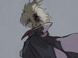 Rule 34 | 1girl, backlighting, bad id, bad pixiv id, blonde hair, cape, closed mouth, denri, earmuffs, expressionless, from side, gradient background, grey background, hair between eyes, highres, light, looking at viewer, looking to the side, messy hair, pointy hair, profile, purple cape, short hair, sidelocks, sketch, solo, touhou, toyosatomimi no miko, upper body, yellow eyes