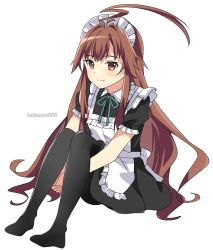 Rule 34 | 1girl, ahoge, alternate costume, apron, black pantyhose, blush, brown eyes, brown hair, closed mouth, enmaided, full body, highres, huge ahoge, kantai collection, kukimaru, kuma (kancolle), long hair, maid, maid apron, maid headdress, one-hour drawing challenge, pantyhose, short sleeves, simple background, smile, solo, twitter username, white apron, white background